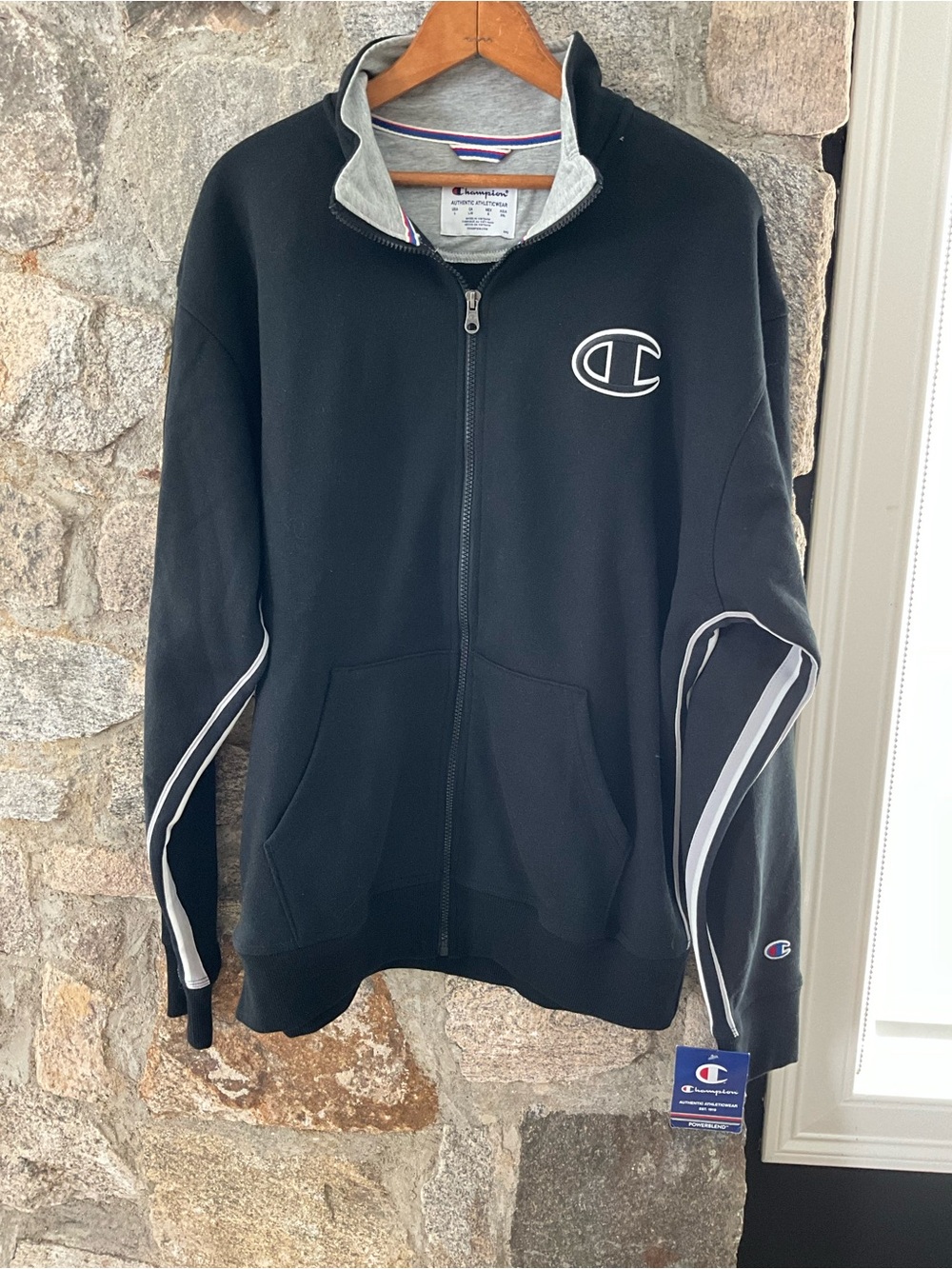 Champion Black Zip-Up Hoodie with Grey Lining and Red/Blue Trim